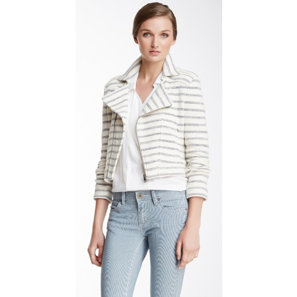 BCBGMAXAZRIA Levi Striped Asymmetrical Zip Cropped Moto Jacket FLAW White XS - Picture 2 of 10